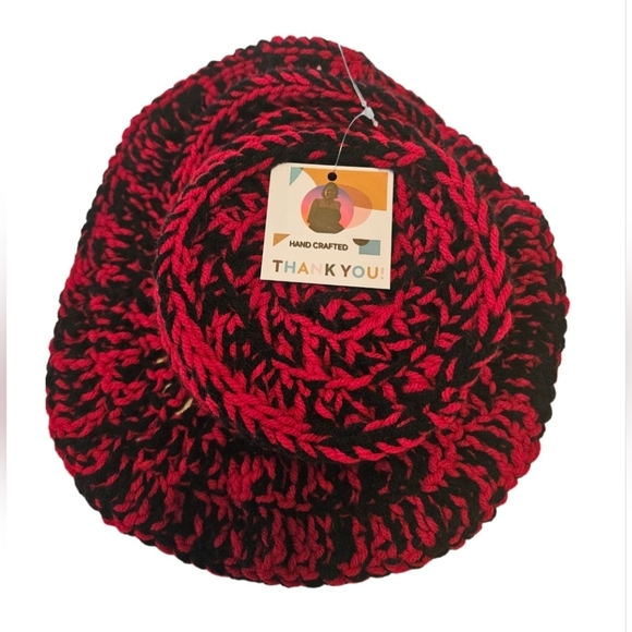 Hand Crafted Hand Knit Crochet Coaster 6pc Set Red & black double stitch floral - Picture 14 of 17